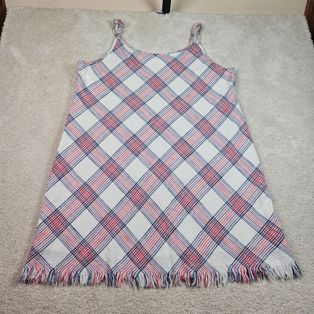 NWT Natural Reflections 1X Plaid Dress Cotton Fringe Sundress Red Blue Boho